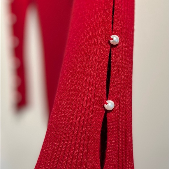 BCX Red Ribbed Sweater Dress w/Pearl Embellished Sleeves Size Small Rayon/Poly - Picture 4 of 12